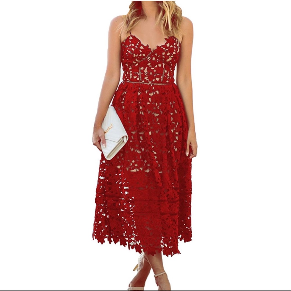 💥 SOLD | NEW Red Lace V Neck Sleeveless Cocktail Dress